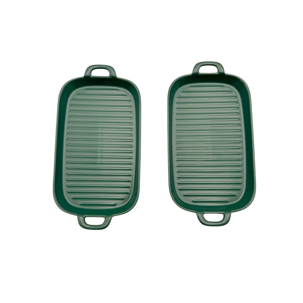 Bruntmor Set 2 Green Ribbed Ceramic Baking Dishes Grill Pans w Handles